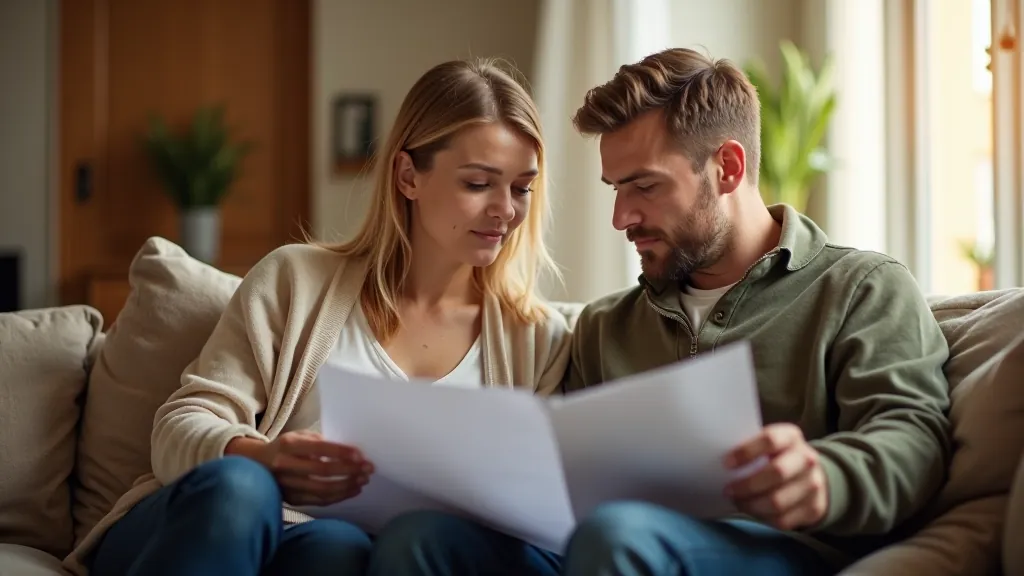 Pāri sēž dīvānā ar finanšu dokumentiem, apspriež savu budžetu kopā
