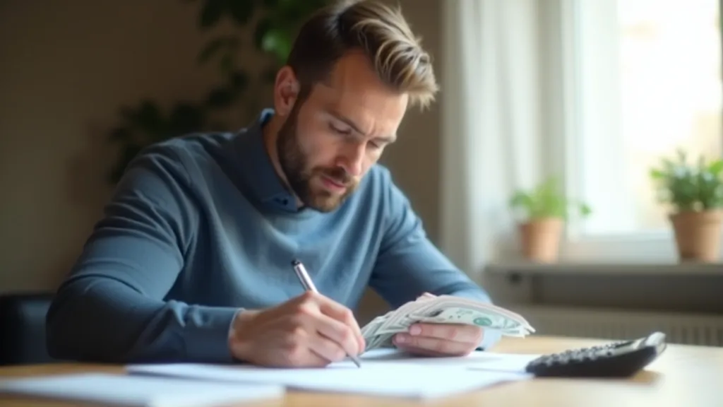 Vīrs skaitā naudas banknotes un pieraksta summas uz piezīmjdatora